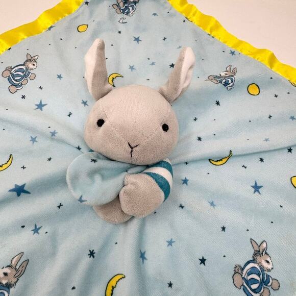 Goodnight Moon Gray Bunny Rabbit Blue Yellow Lovey Security Blanket Satin Trim - Picture 2 of 12